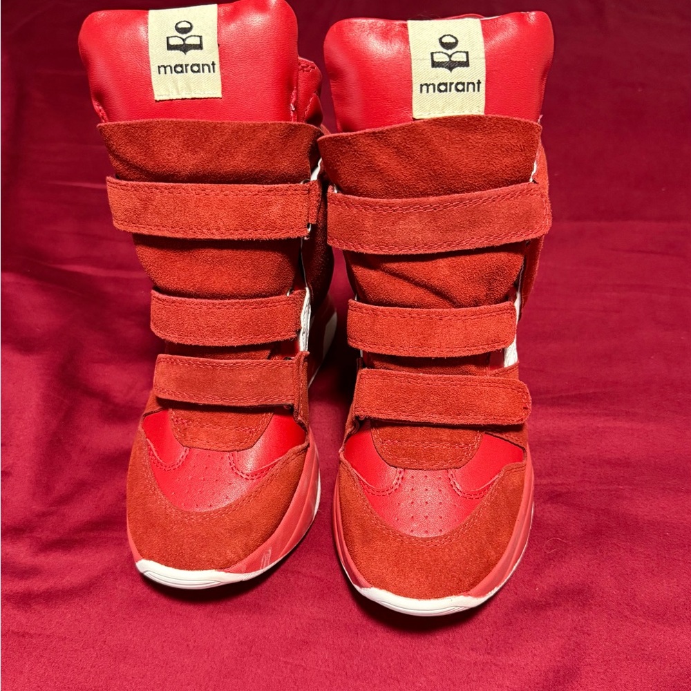Isabel Marant Red Suede & Leather High-Top Sneakers with Velcro Straps